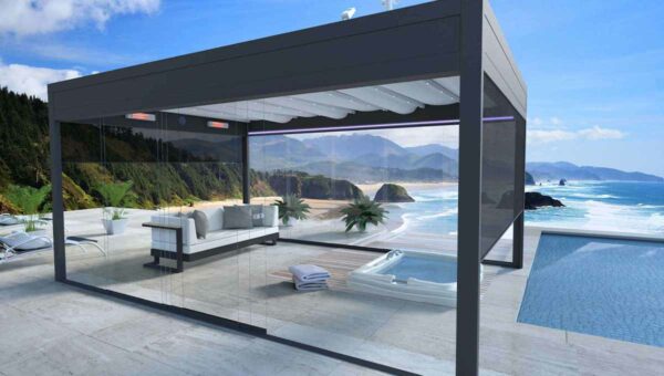 pergola tissu rétractable tarasola cubic au bord de la mer